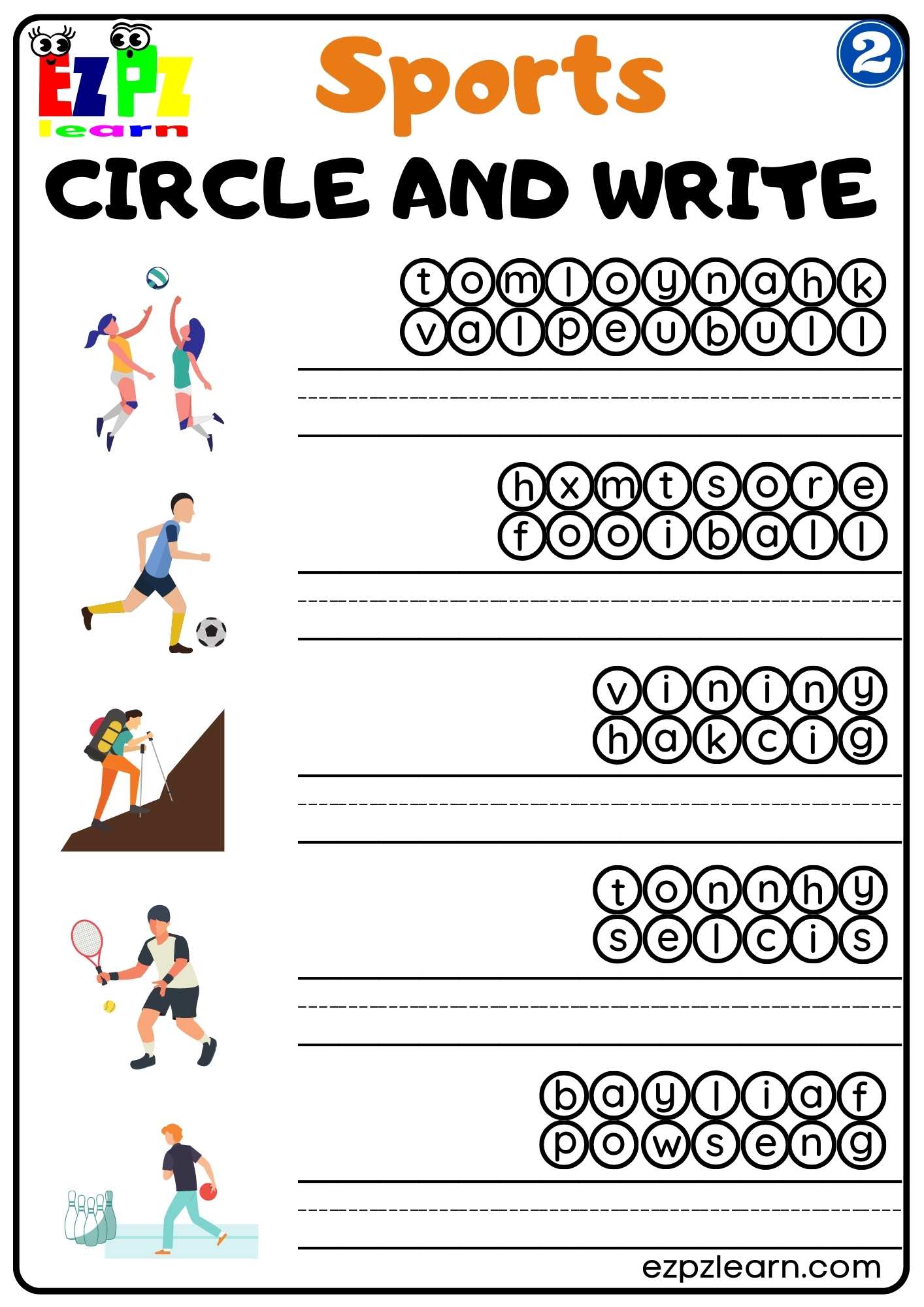 Group 2 Sports Circle and Write Worksheet K5 Kids and ESL Students PDF